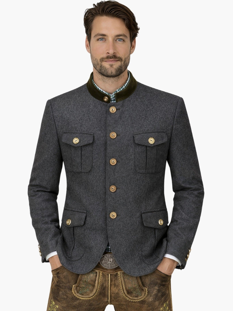 Men’s dark grey Oktoberfest jacket with green collar and flap pockets, paired with lederhosen for authentic Bavarian outfit.
