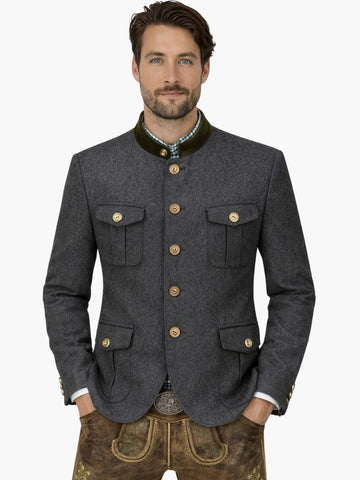 Men’s dark grey Oktoberfest jacket with green collar and flap pockets, paired with lederhosen for authentic Bavarian outfit.