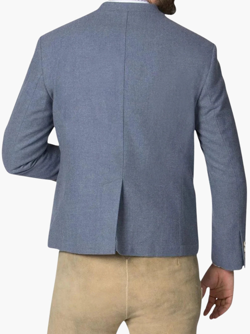 Back view of men’s light blue Bavarian jacket featuring clean tailoring, structured fit, and classic traditional finish.