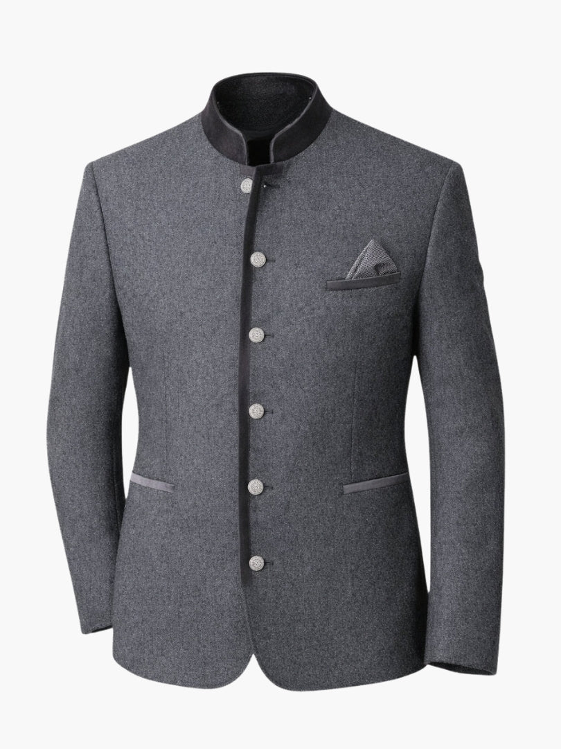 Rear view of men’s dark grey Trachten jacket paired with leather lederhosen shorts, showing tailored fit and clean back design.