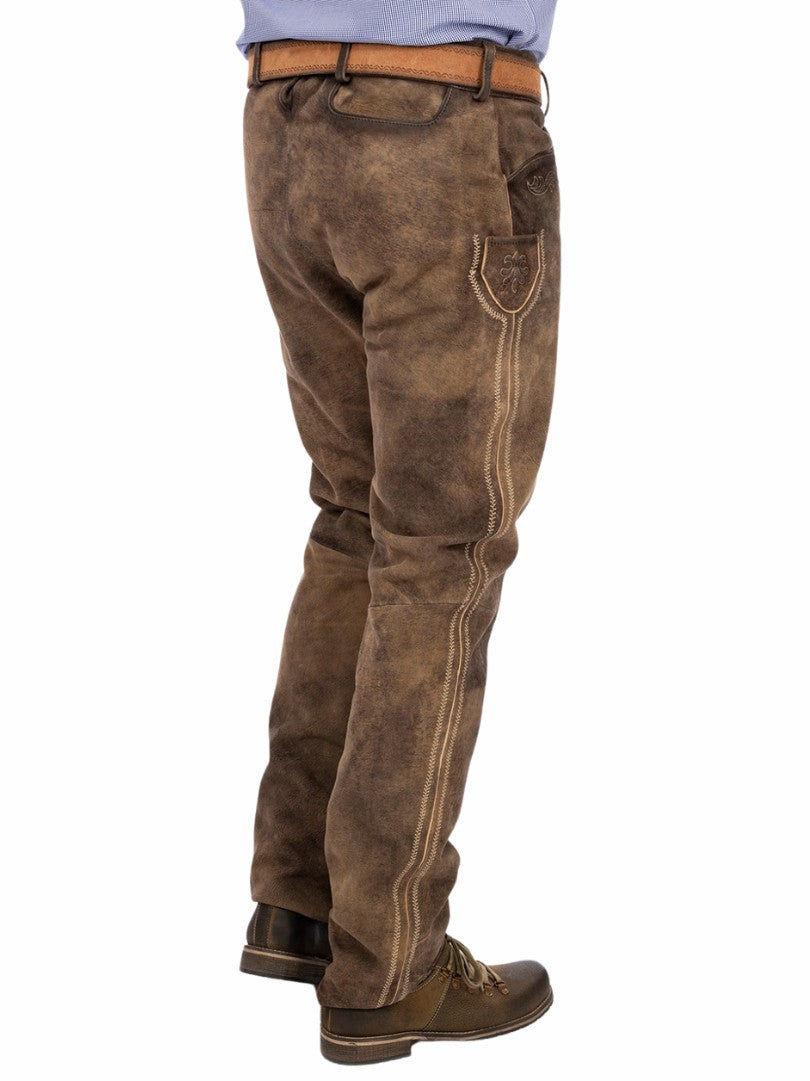 Side view of men Bavarian leather lederhosen trousers with decorative stitching and pocket detailing