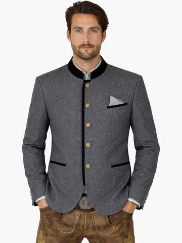 Men’s grey Bavarian jacket with black collar and piping, styled with lederhosen for an authentic Oktoberfest outfit.