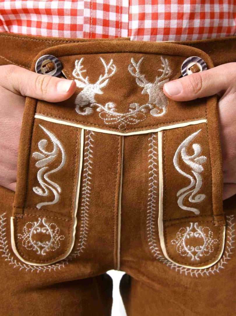 Brown Suede Women Bavarian Lederhosen with White Embroidery