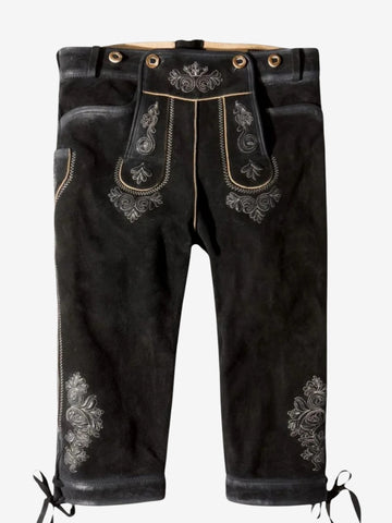 Black bundhosen featuring detailed traditional embroidery, front flap design, and decorative stitching.