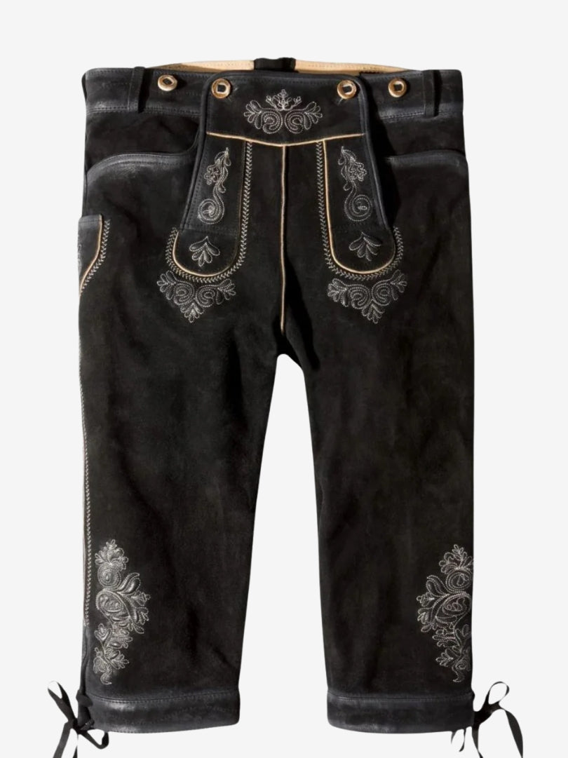 Black bundhosen featuring detailed traditional embroidery, front flap design, and decorative stitching.