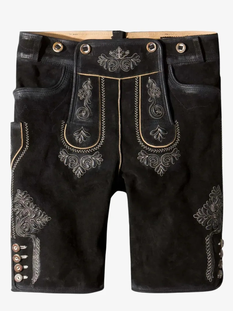 Traditional Black Plus Size Lederhosen for Men with Silver Bavarian Embroidery and Side Horn Buttons