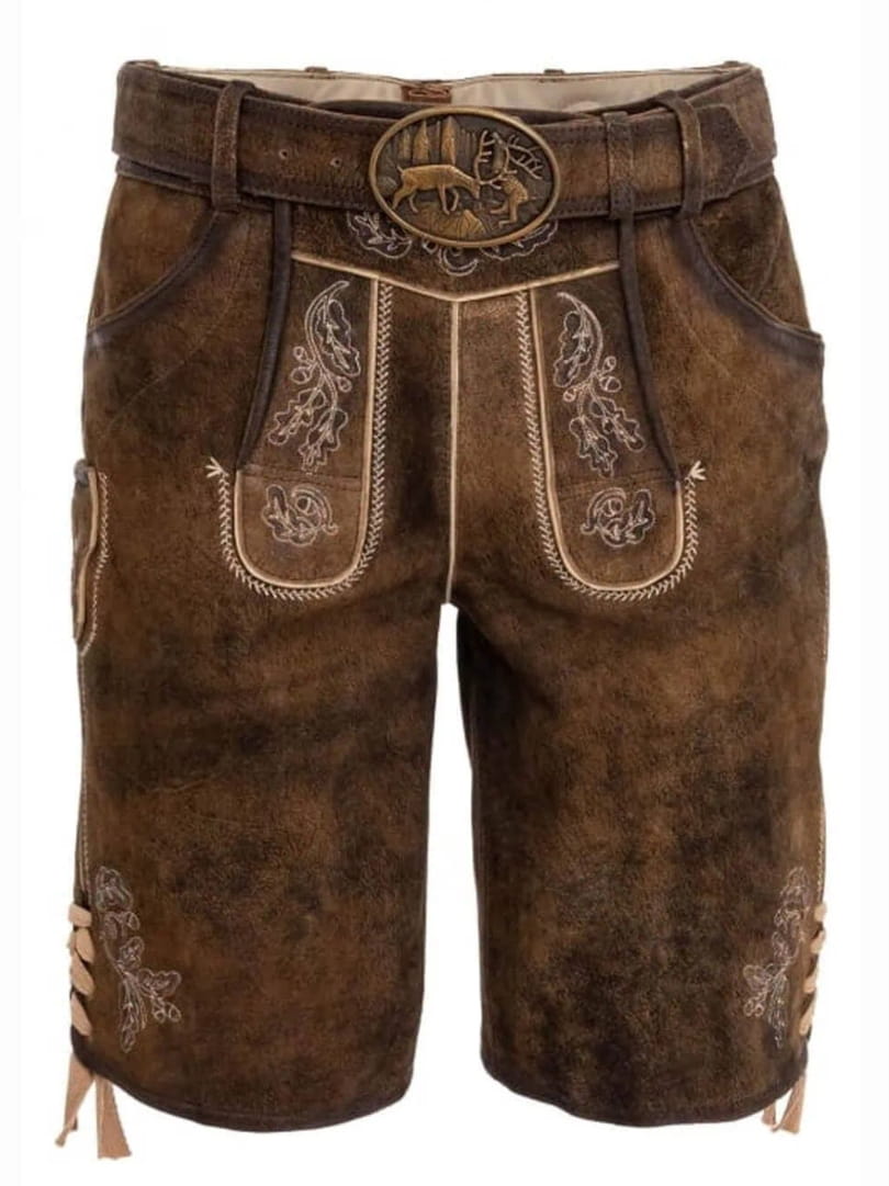 Traditional Brown Plus Size Lederhosen for Men with Embroidered Bavarian Details and Deer Buckle Belt