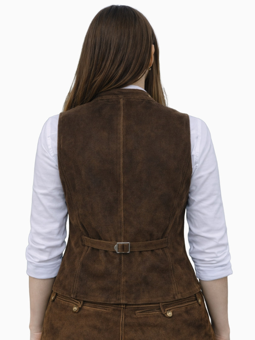 Back view of women's brown suede Bavarian Trachten vest with adjustable waist belt and tailored traditional fit.