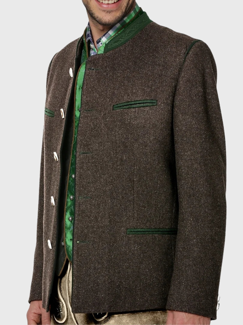 Brown Wool Bavarian Jacket with Green Trim