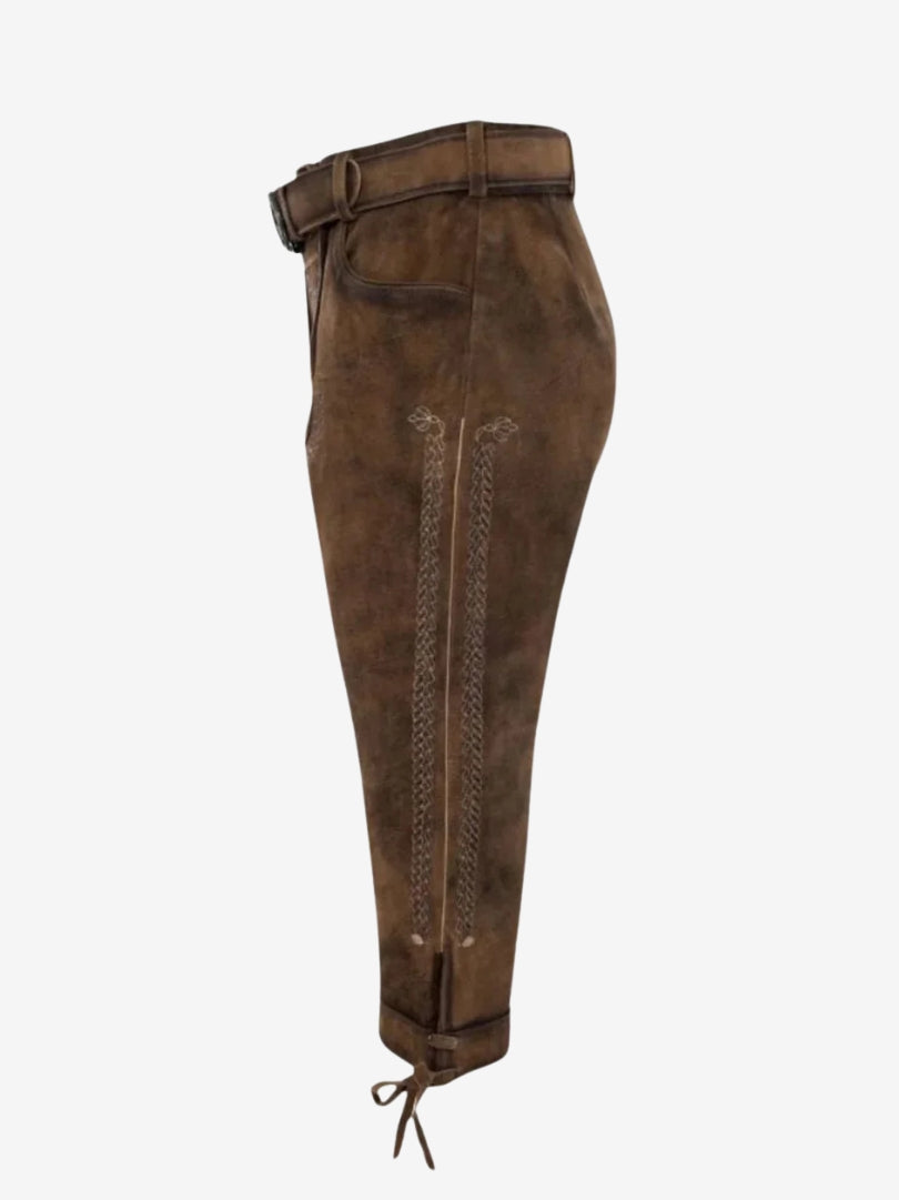 Side profile of brown bundhosen showing stitching details, fitted shape, and knee tie closure.