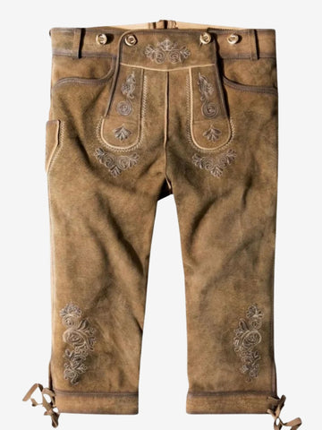 Brown leather bundhosen displayed without model, featuring embroidered front panel and knee-length traditional design.