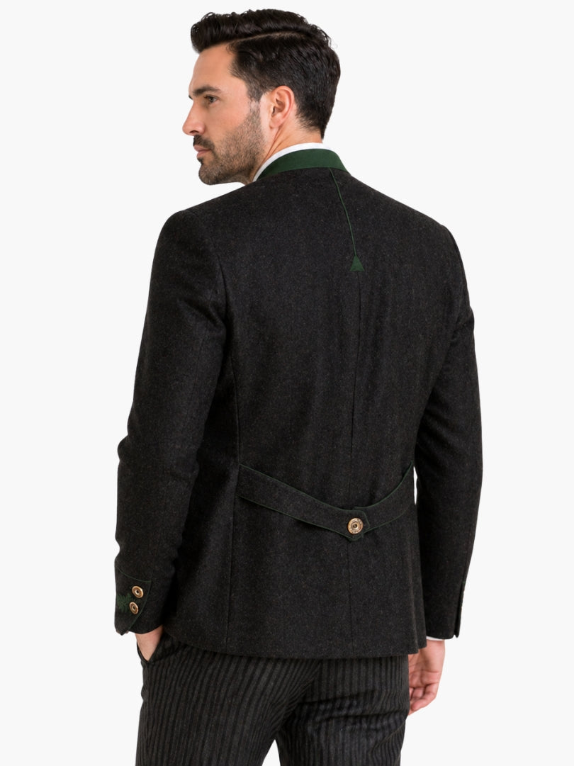 Back view of charcoal Trachten jacket featuring green collar trim, tailored fit, and adjustable back strap for classic Bavarian style.