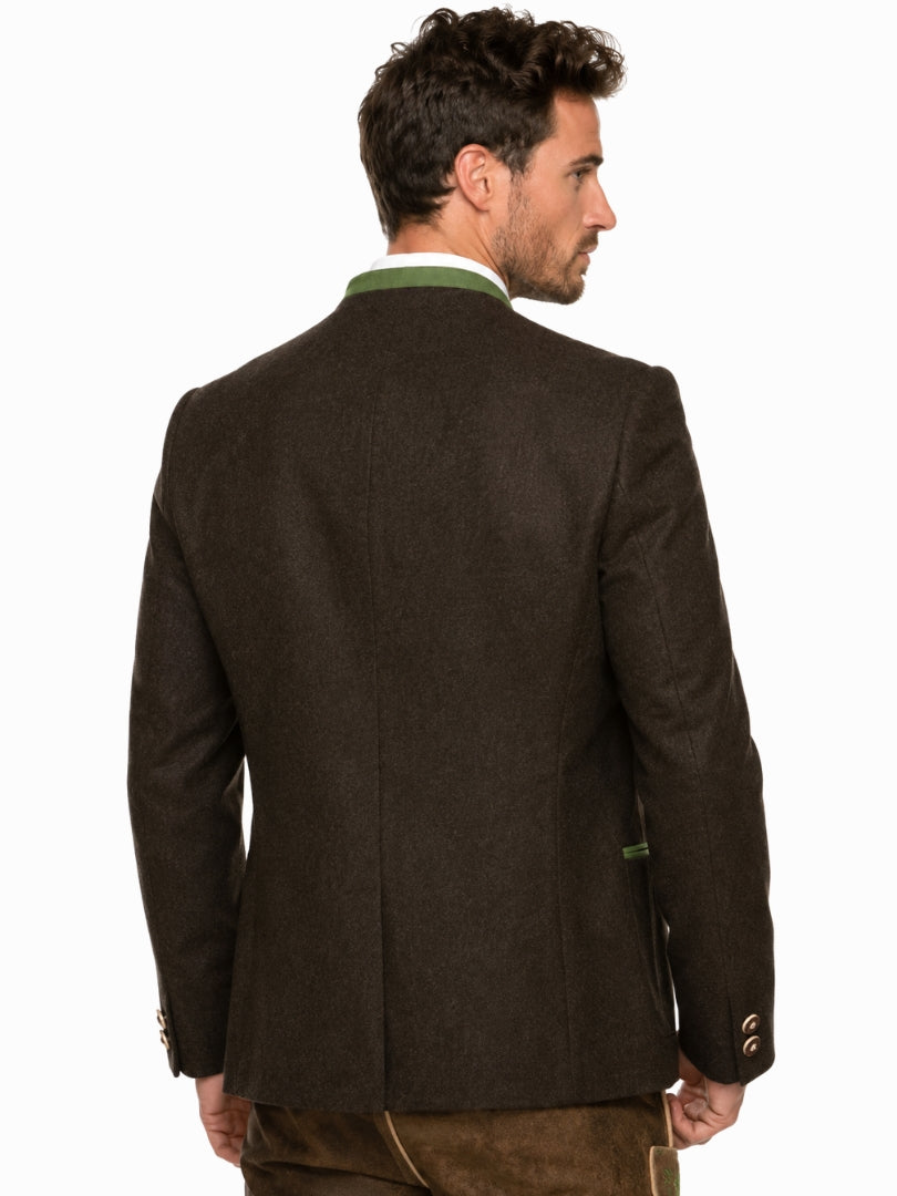 Back View of Dark Brown Mens Bavarian Trachten Jacket with Green Trim and Traditional Oktoberfest Style