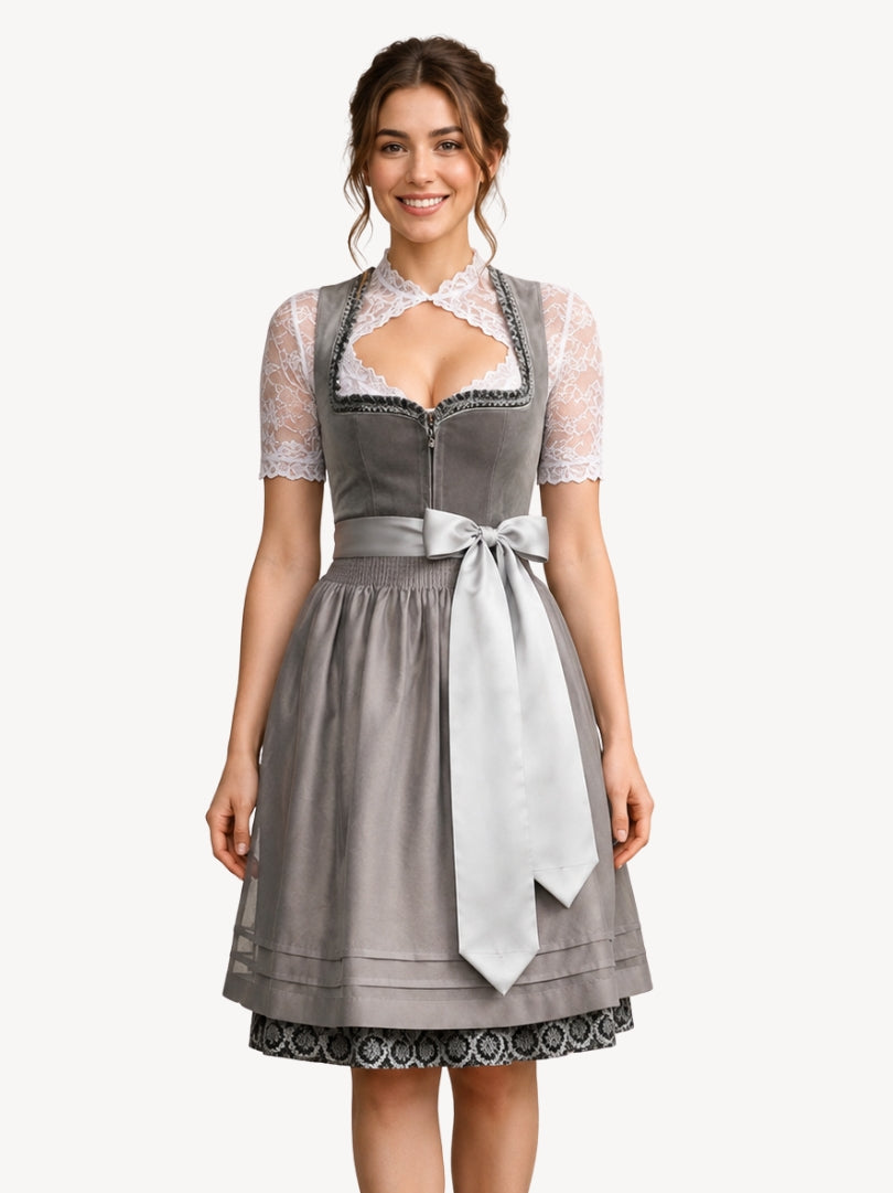 Premium grey Oktoberfest dirndl dress with white lace blouse, velvet bodice, satin waist bow, and patterned skirt.