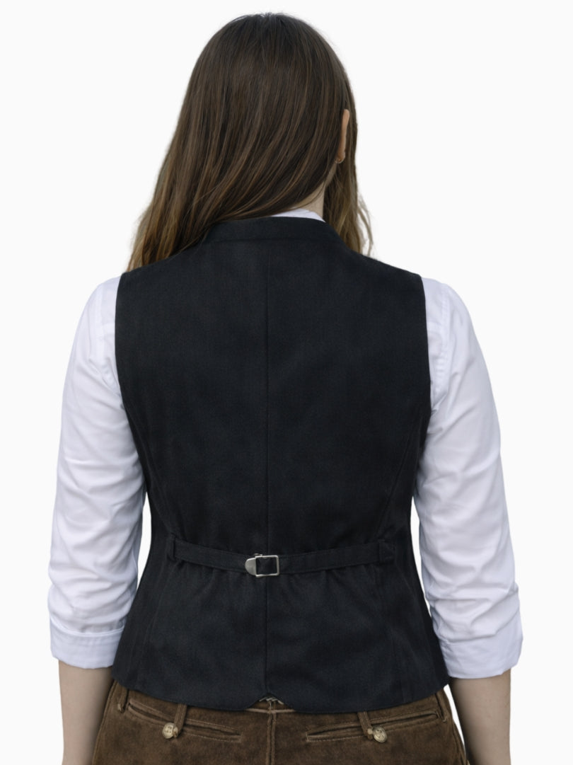 Back view of women's Bavarian Trachten vest with adjustable waist belt, tailored fit, and classic traditional design.