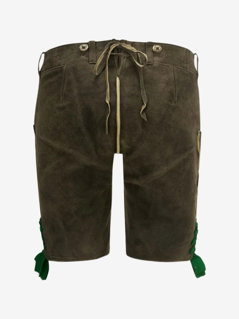 Back view of olive lederhosen with adjustable lace-up waistband, belt loops, and suede texture.