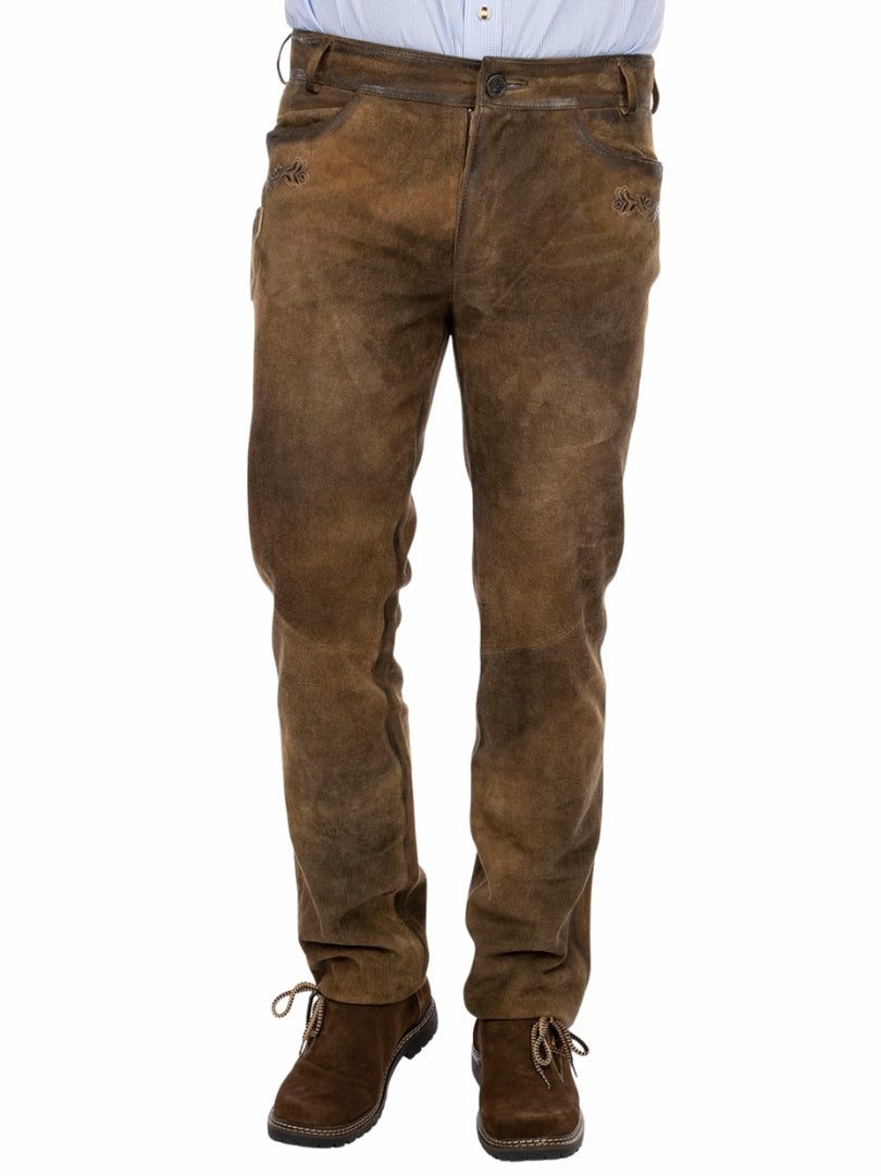 Traditional Lederhosen pants made from rustic brown suede leather