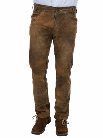 Traditional Lederhosen pants made from rustic brown suede leather