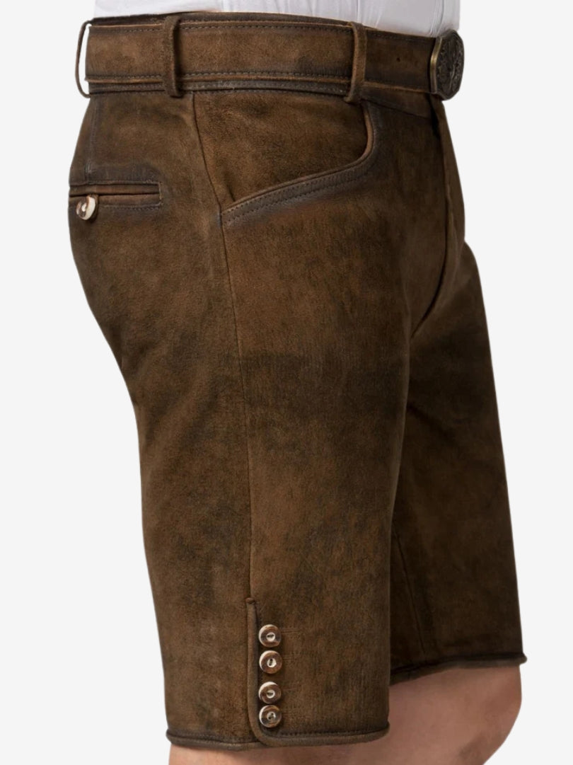 Side view of plain lederhosen displaying back pocket, smooth finish, and subtle seam detailing.