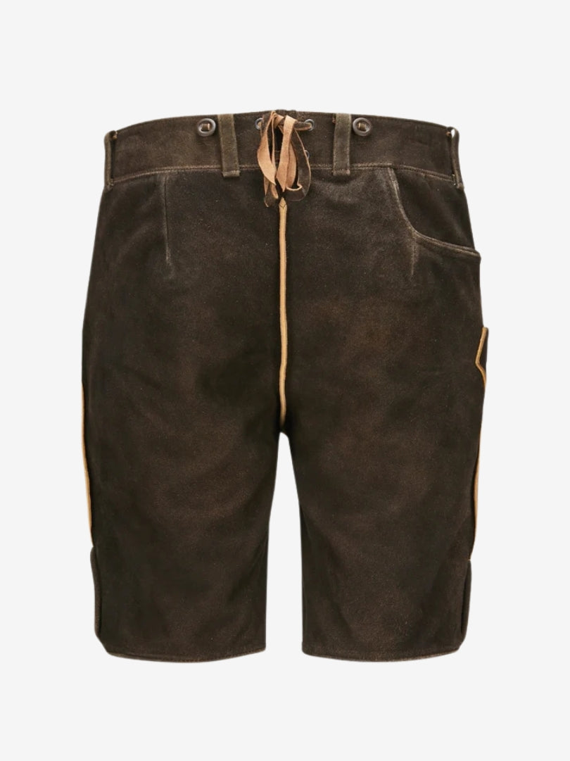Back view of dark brown lederhosen with adjustable lace-up waistband, belt loops, and smooth suede finish.
