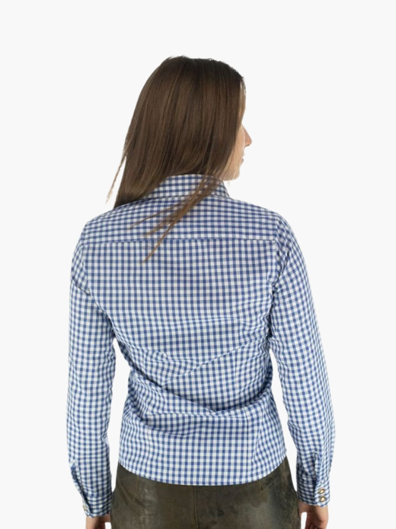 Back view of traditional women’s trachten blouse in blue check pattern with tailored fit and long sleeves for Bavarian style.