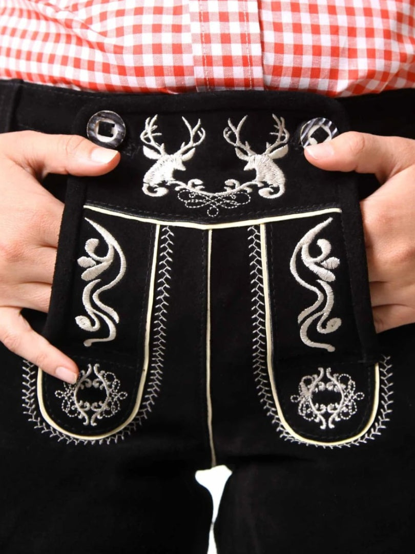 Womens Black Suede Lederhosen Shorts with Deer Embroidery