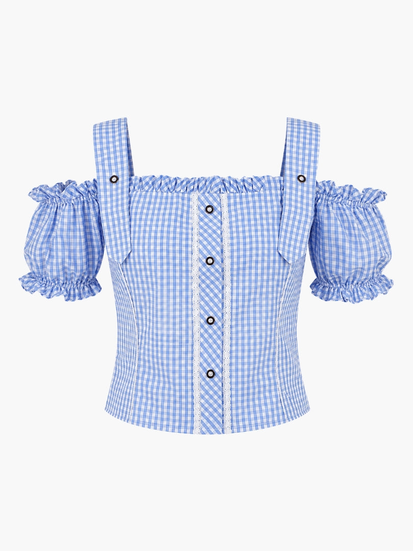  design of light blue checkered dirndl blouse featuring decorative buttons, puff sleeves, and lace detailing.