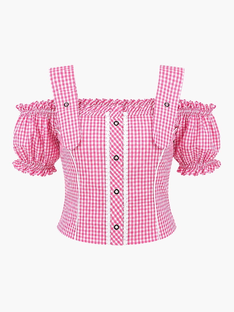 Pink gingham Oktoberfest blouse with puff sleeves, decorative buttons, and lace accents for festive Bavarian outfits.