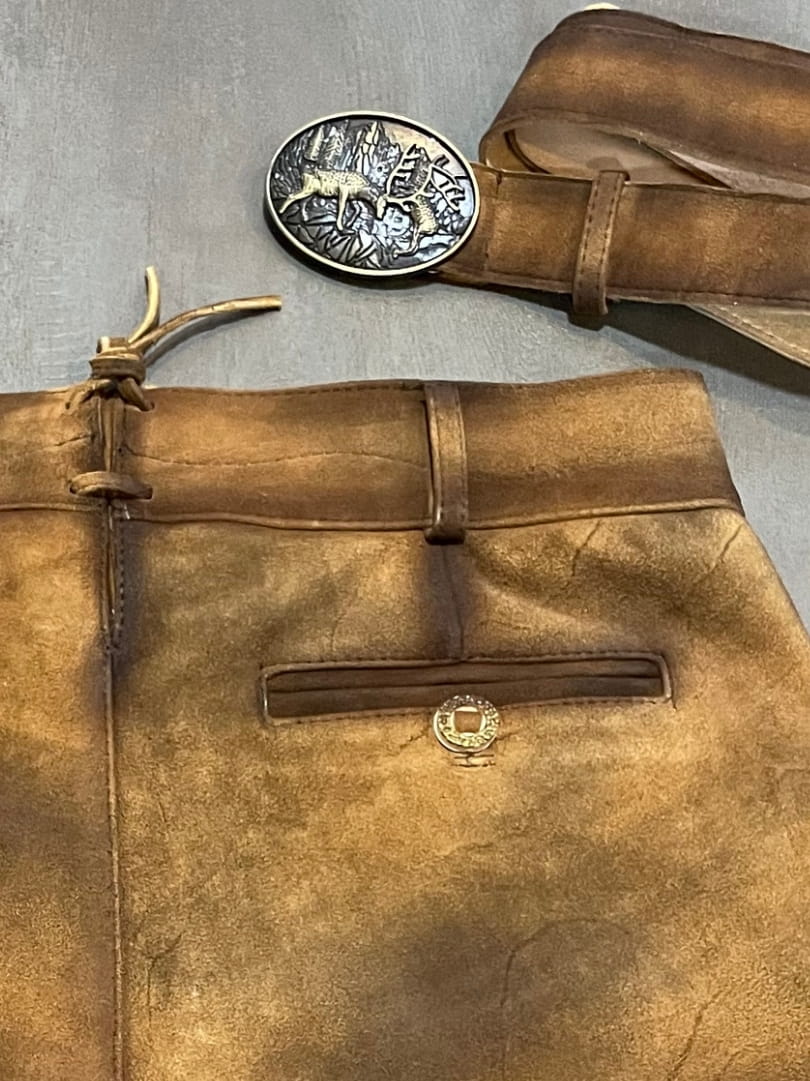Matching leather belt with antique buckle on Men's Rustic Brown Premium Lederhosen Short