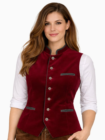Front view of women's burgundy velvet Bavarian Trachten vest with stand collar, decorative buttons, and fitted traditional design.