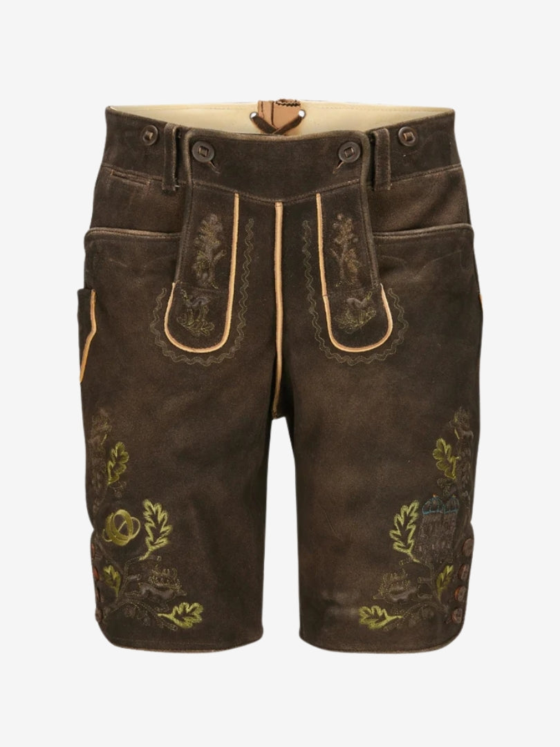 Front view of brown lederhosen with decorative embroidery on both thighs, front flap, pockets, and traditional button accents.