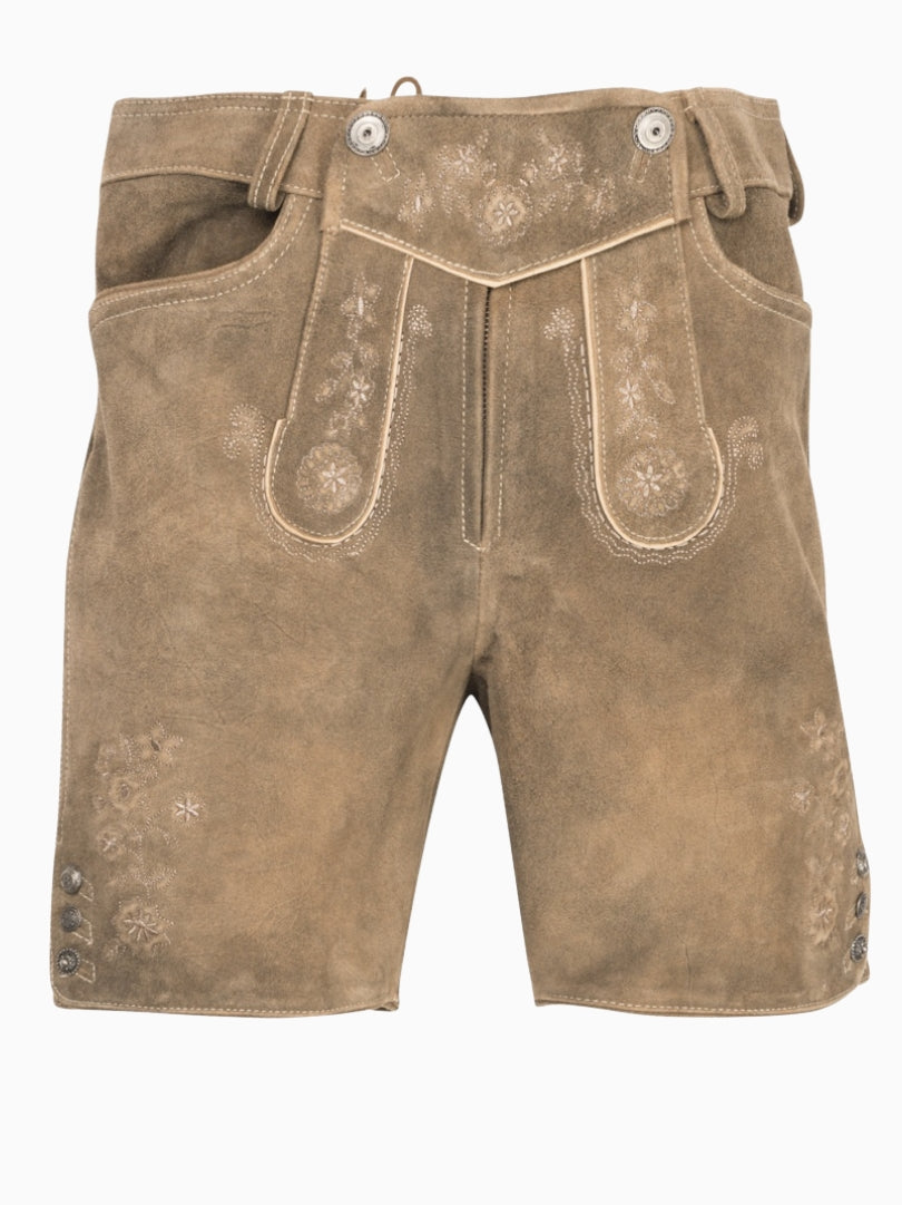 Brown leather shorts with button closures on a white background