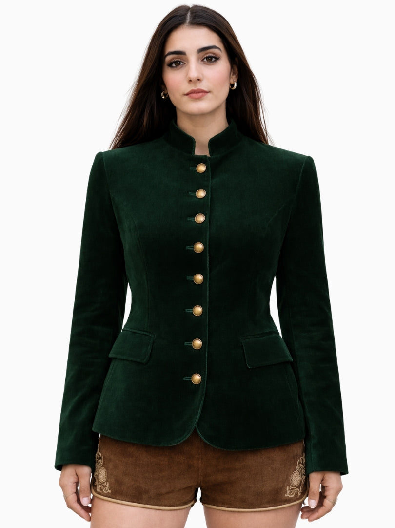 Women's dark green velvet Bavarian Trachten jacket with gold buttons, tailored fit, and traditional Alpine style, paired with brown embroidered lederhosen shorts