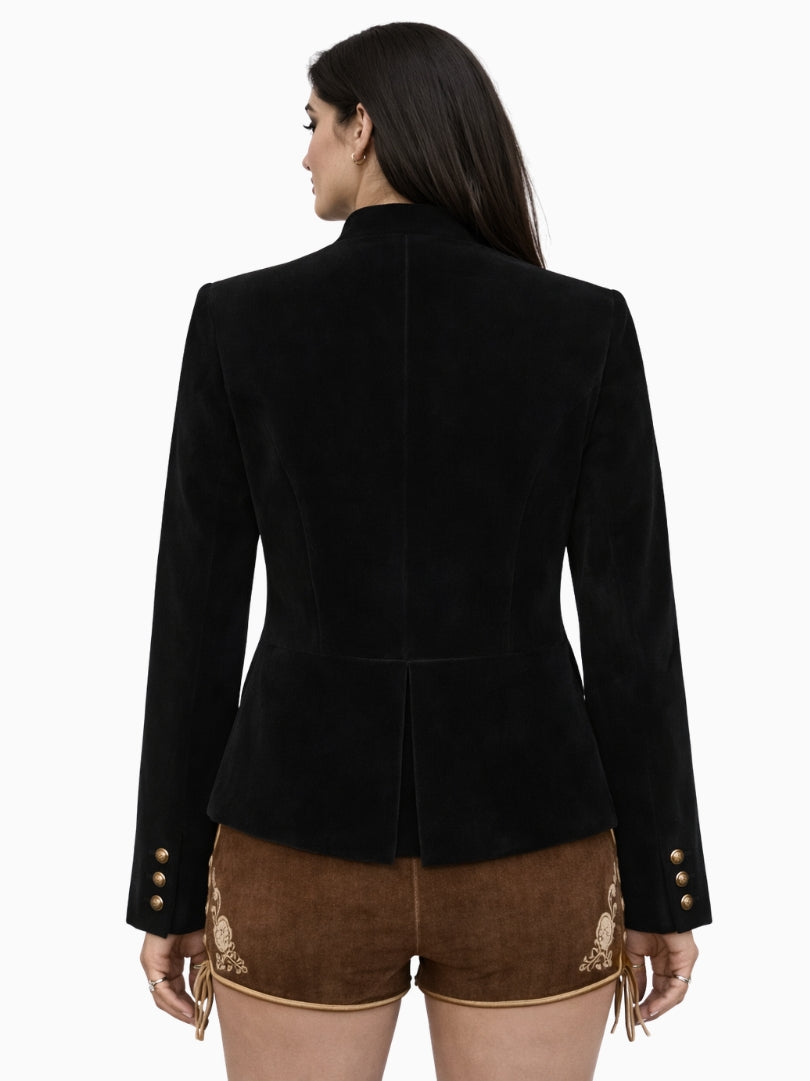 Womens black velvet Bavarian Trachten jacket with gold buttons and stand collar, traditional Oktoberfest alpine style paired with brown lederhosen shorts