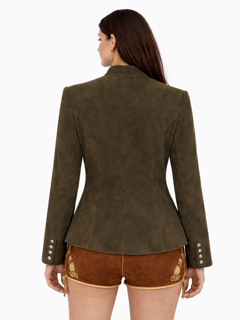 Back view of women's olive green Bavarian Trachten jacket with tailored fit, long sleeves, and traditional Alpine design paired with brown lederhosen shorts