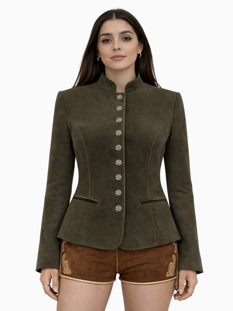 Front view of women's olive green suede Bavarian Trachten jacket with decorative metal buttons, fitted waist, and traditional Alpine style worn with brown lederhosen shorts