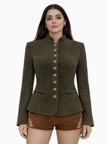 Front view of women's olive green suede Bavarian Trachten jacket with decorative metal buttons, fitted waist, and traditional Alpine style worn with brown lederhosen shorts