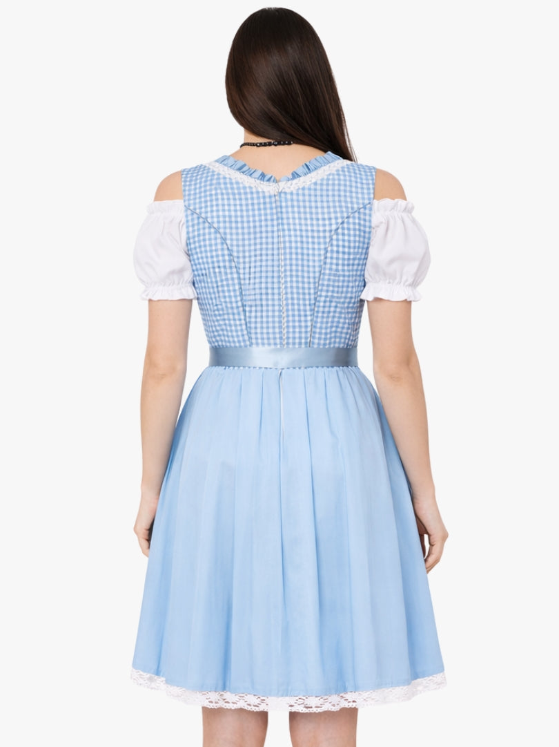 Back view of women's light blue gingham dirndl dress with fitted bodice and flared skirt in traditional Oktoberfest style.