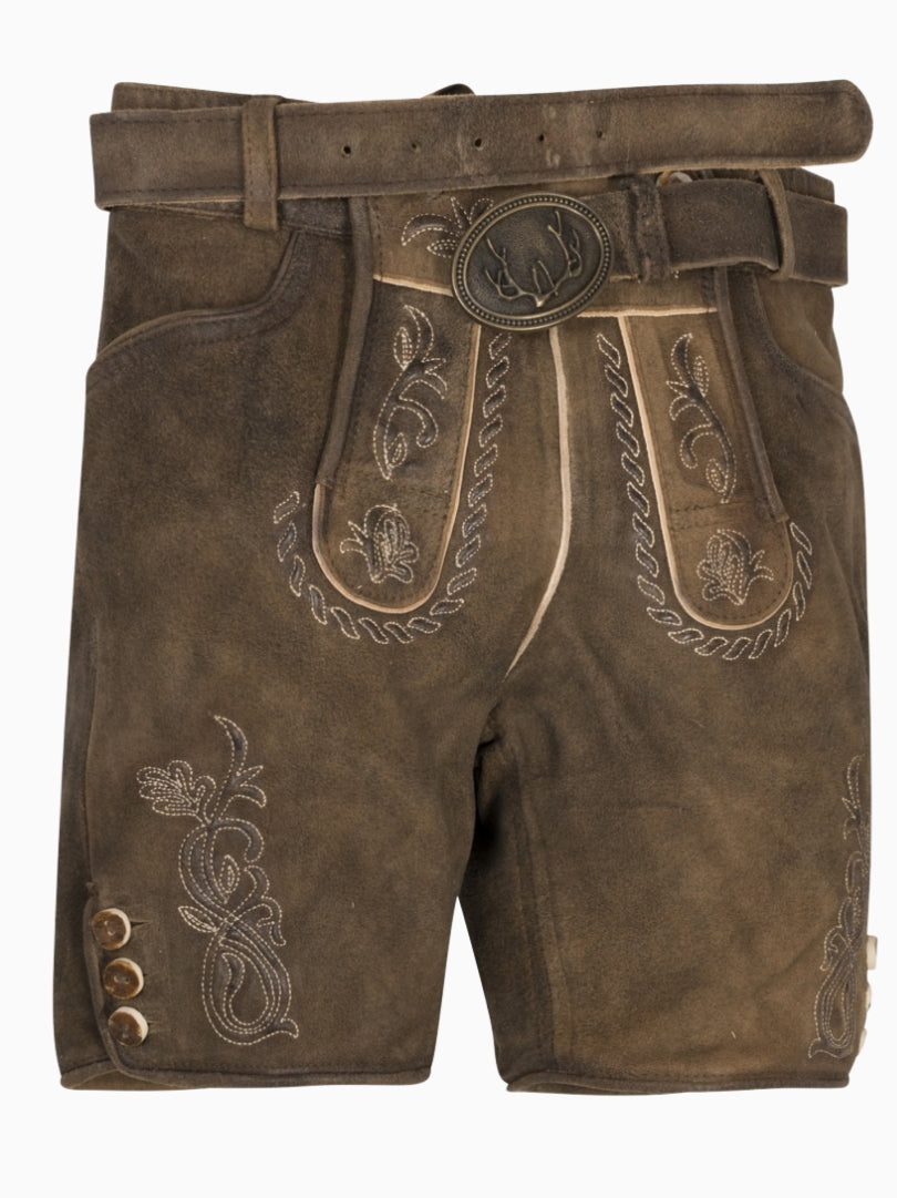 Front view of rustic brown traditional lederhosen-style shorts with embroidered patterns, decorative front flap with buttons, and a vintage suede-like texture.