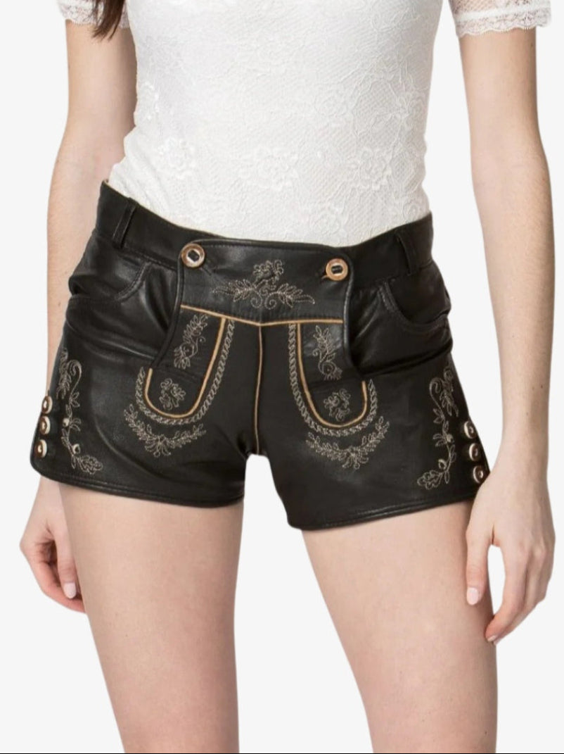 Womens Black Leather Lederhosen Shorts with Embroidery