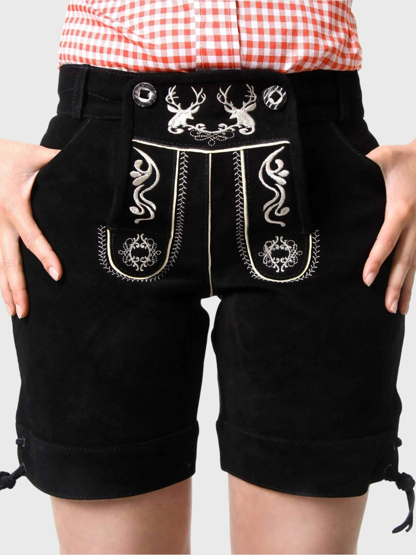 Womens Black Suede Lederhosen Shorts with Deer Embroidery