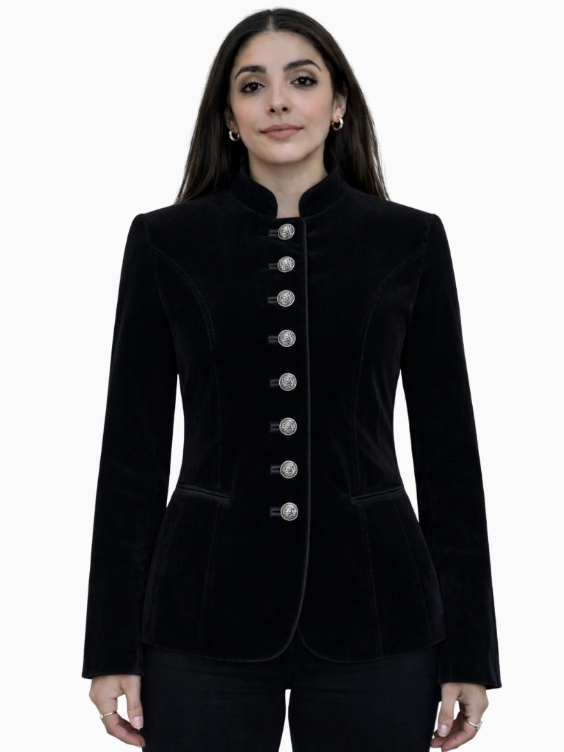Front view of women's black velvet Bavarian Trachten jacket with stand collar, decorative silver metal buttons, and tailored fitted silhouette.