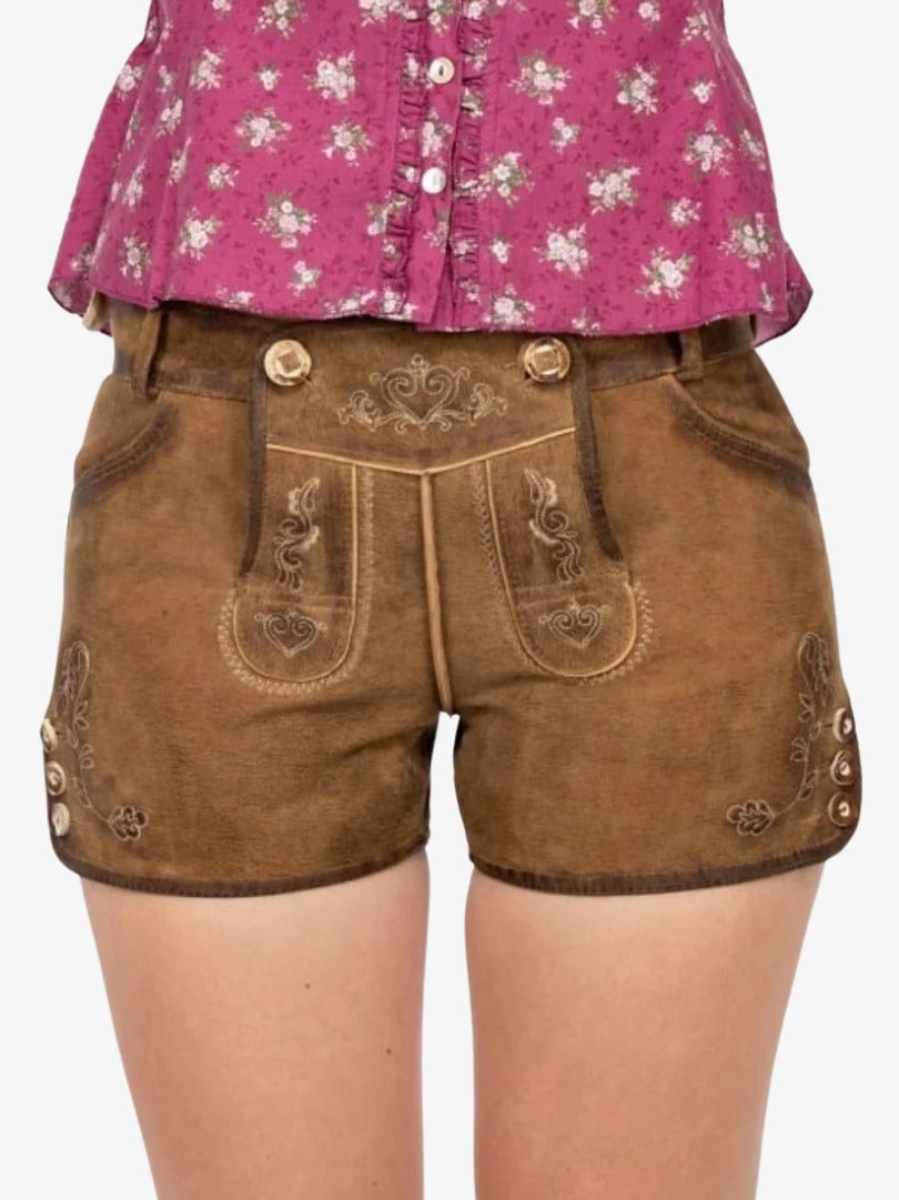 Womens Brown Lederhosen Shorts with Embroidery