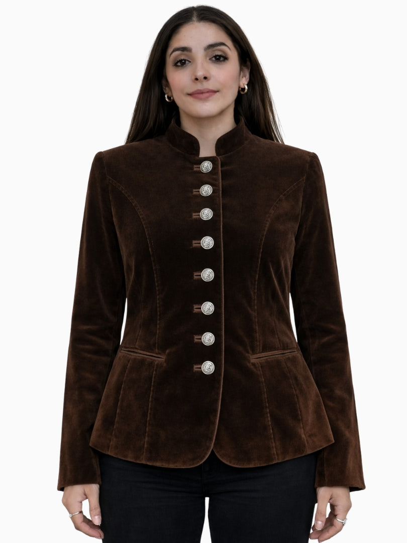 Front view of women's brown velvet Alpine Trachten jacket with stand collar, silver metal buttons, and fitted silhouette design.