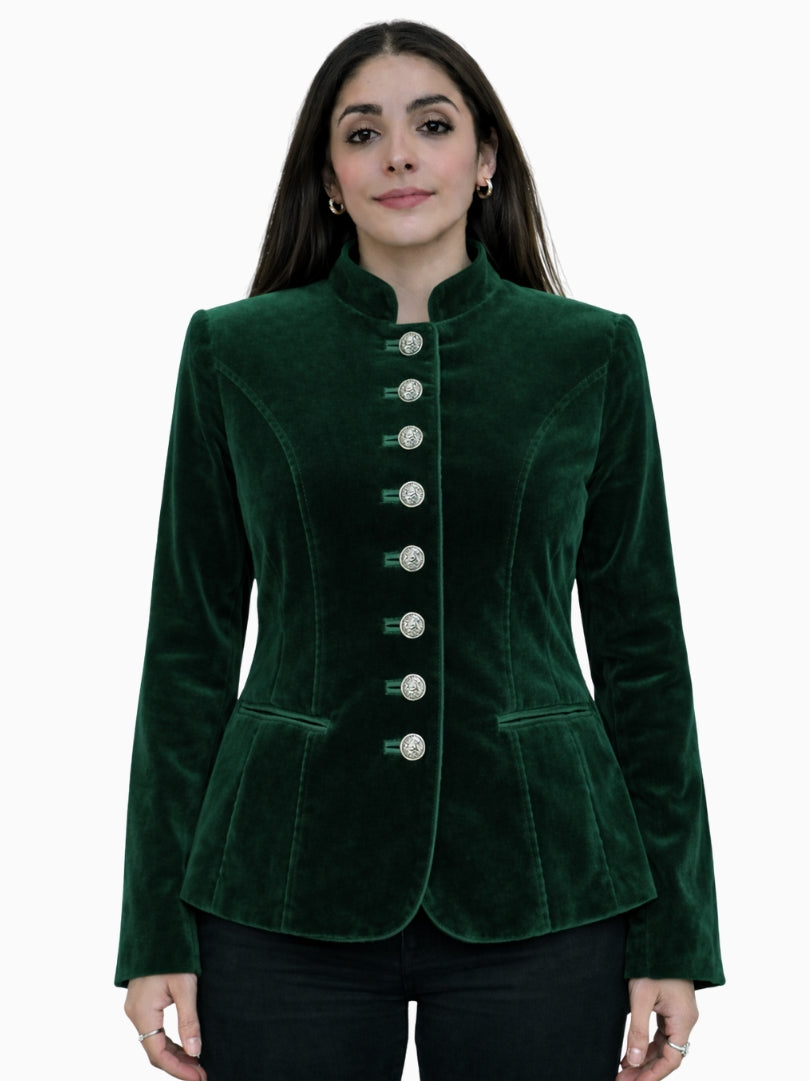 Front view of women's emerald green velvet Alpine Trachten jacket with stand collar, silver metal buttons, and fitted peplum silhouette.