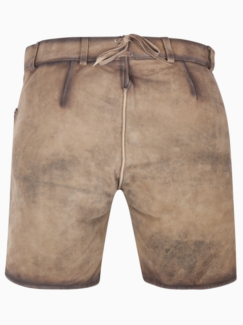 Back view of light brown traditional Bavarian lederhosen shorts with suede-like finish, adjustable back lace detail, and vintage textured leather look.
