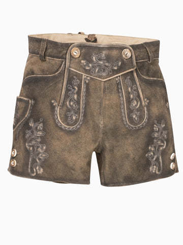 Front view of rustic brown traditional lederhosen-style shorts featuring embroidered patterns, decorative front flap with buttons, and contrast piping on a distressed leather texture