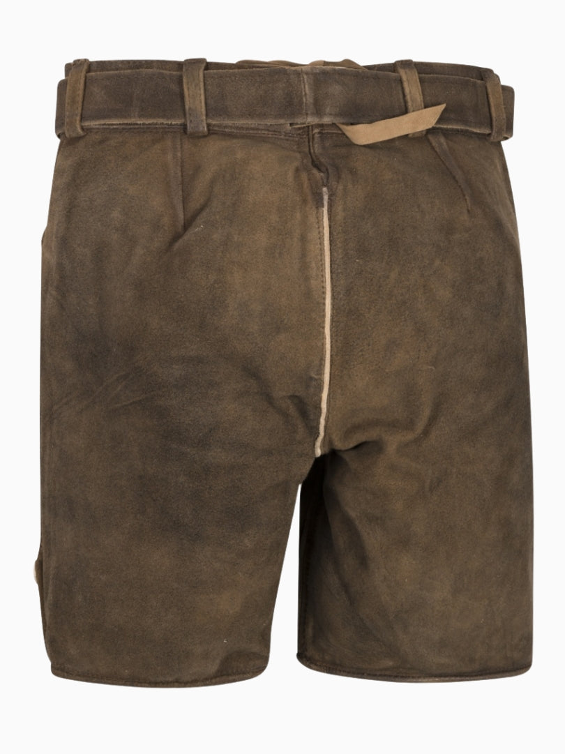 Back view of rustic brown traditional lederhosen-style shorts featuring a distressed suede finish, belt loops, and adjustable back lace detail.