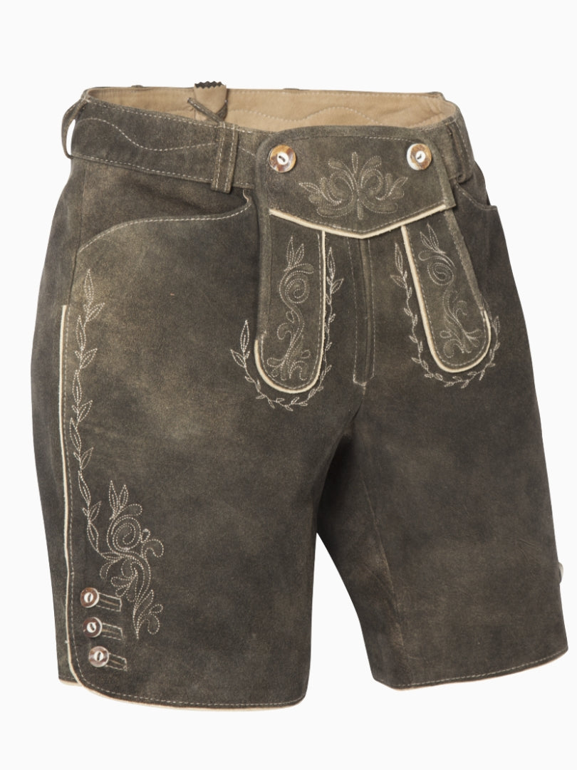 Front angled view of charcoal grey traditional lederhosen-style shorts featuring embroidered patterns, decorative front flap with buttons, and contrast piping.