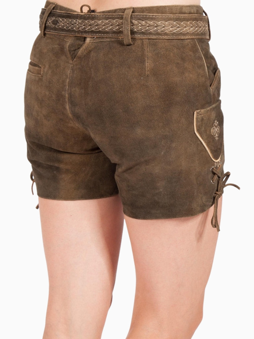 Back view of women's brown Bavarian lederhosen shorts with braided belt and traditional suede finish